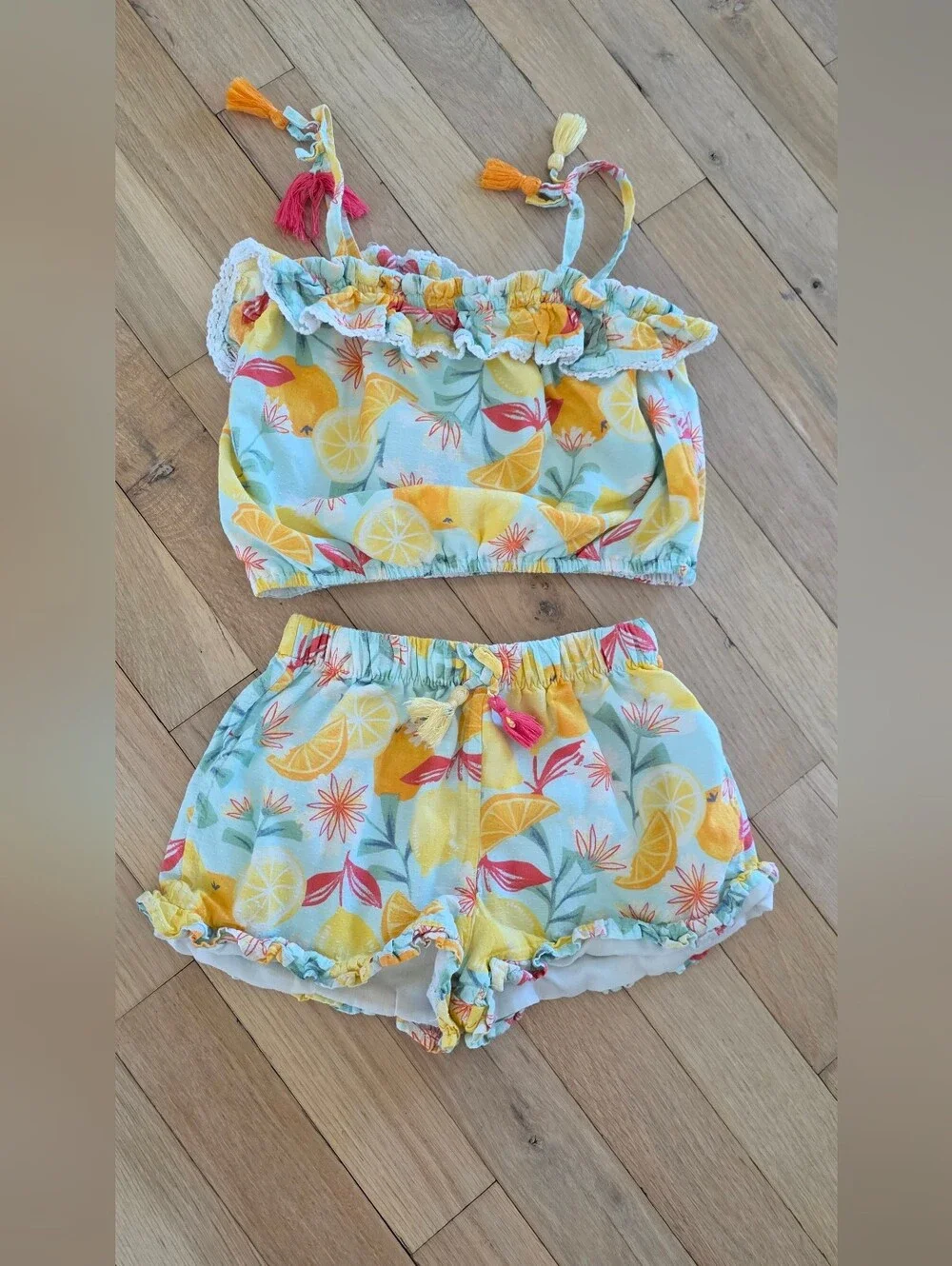 Girls Lemon Print Two-Piece Tank & Shorts Set - Yellow/Blue